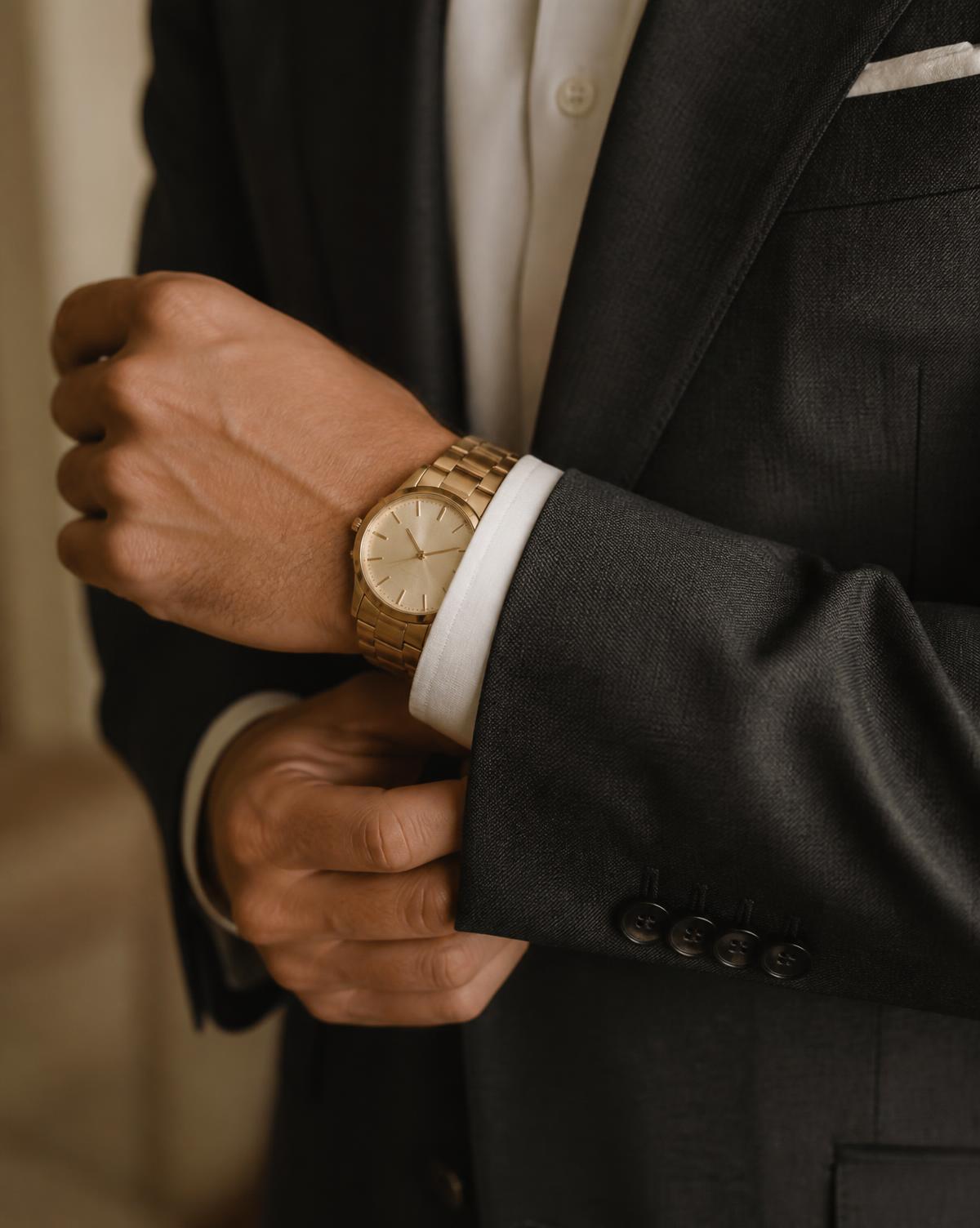 Gold Nehru Watch worn with a charcoal tailored suit