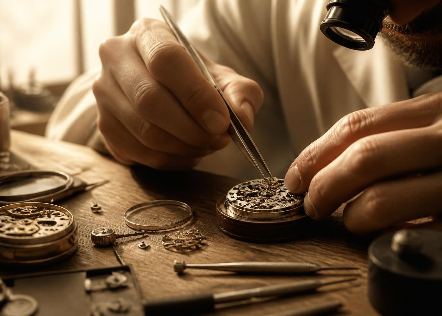 Watchmaker assembling a mechanical movement at a wooden bench